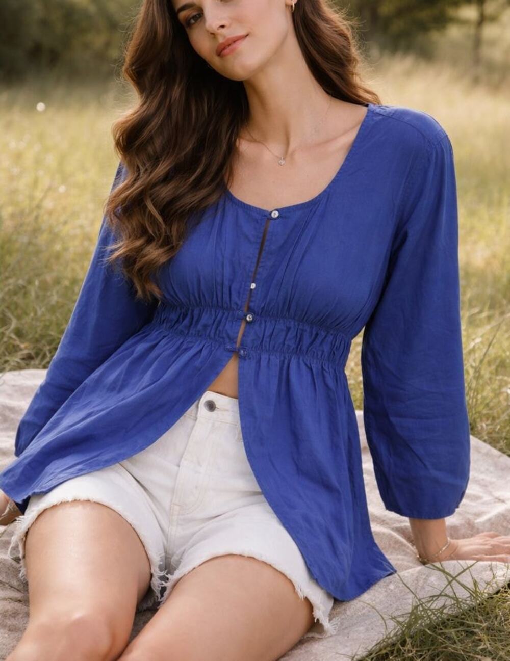 Sibling Boho Empire Waist Button Blouse XS Navy Blue Milkmaid Romantic Prairie